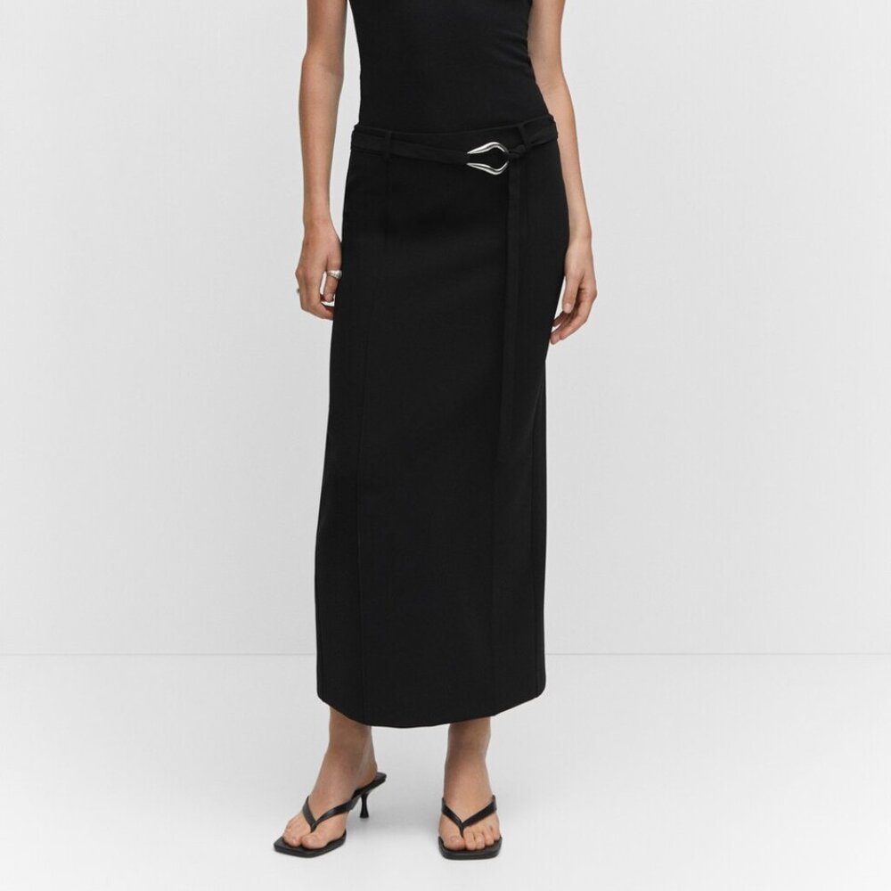 Mango Maxi Skirt back Slit & Belt Career Minimalist Capsule Black ~ Size 6 NEW